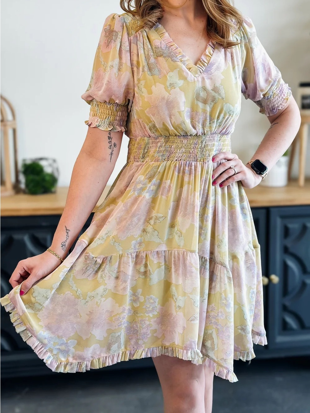 Mystrees Smocked Waist Floral V-Neck Dress in Pastel Yellow and Pink